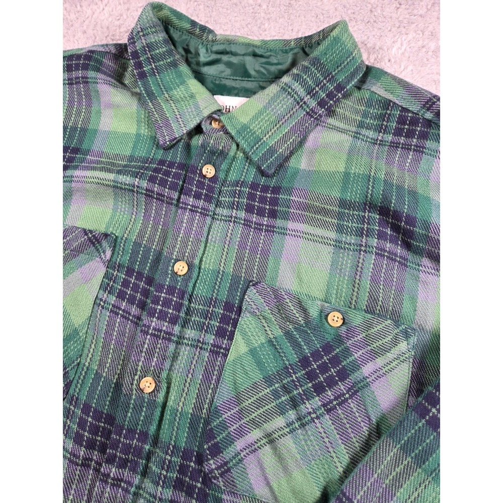 John Blair Flannel Shirt Jacket XL Green Plaid Mens Quilted Lined B05100